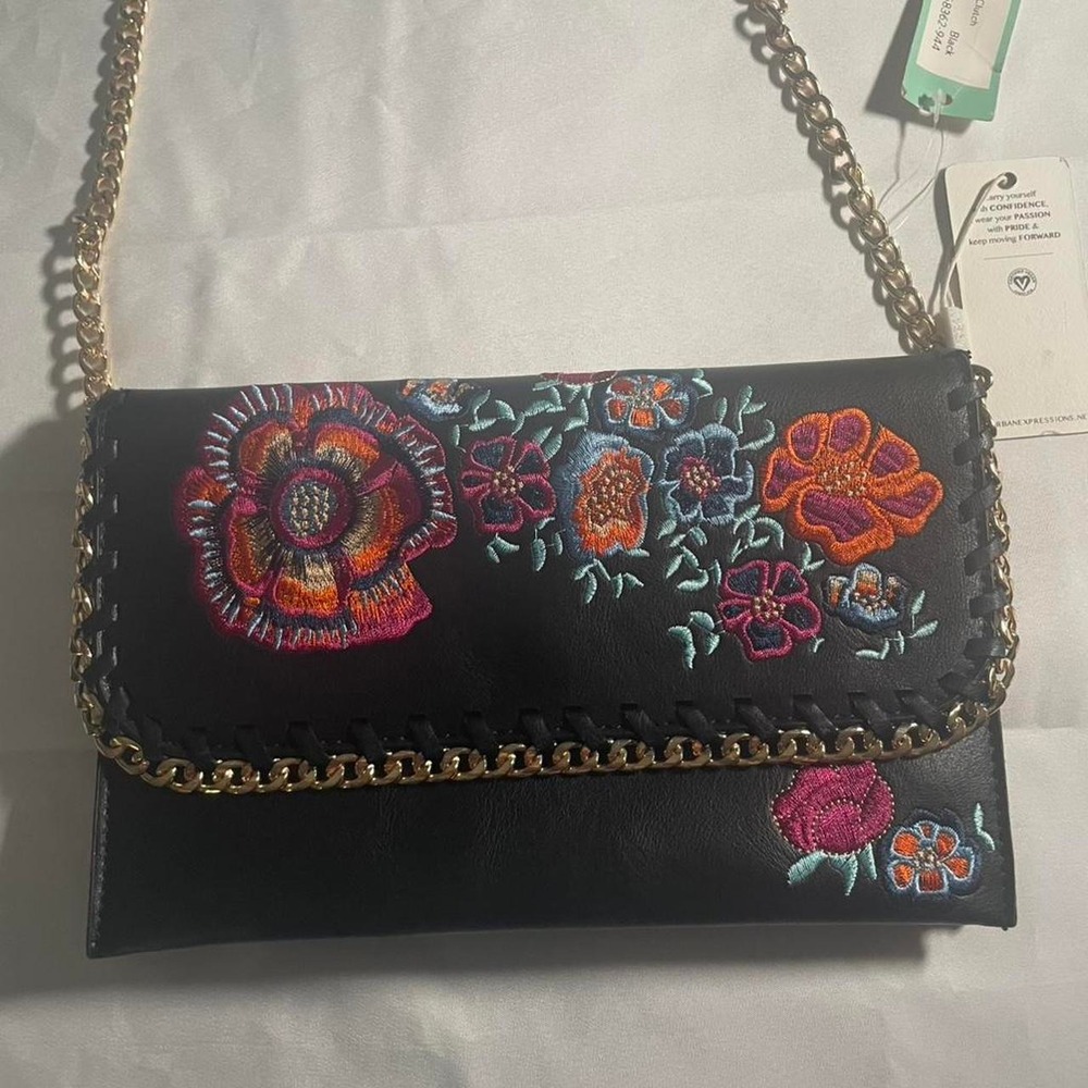Black floral embroidered crossbody bag with gold chain strap